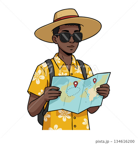 Young man traveler with sunglasses and hat holding travel map vector illustration 134616200