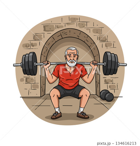 Elderly man weightlifting exercise in stone arch gym fitness training vector illustration 134616213
