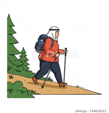 Elderly man hiking with backpack and walking sticks on forest trail vector illustration 134616215
