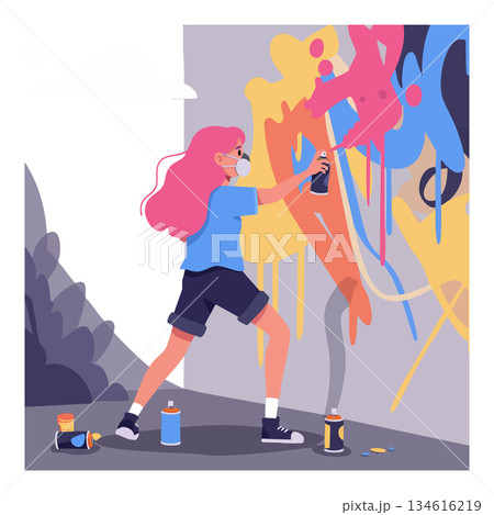 Young Woman Creating Colorful Graffiti Street Art with Spray Paint Vector Illustration 134616219