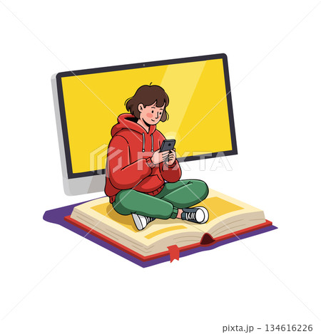 Young person sitting on open book using smartphone with large screen background vector illustration Young person sitting on open book using smartphone with large screen background vector illustration 134616226