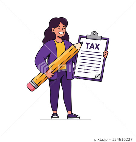 Woman holding clipboard with tax form and giant pencil in purple outfit vector illustration Woman holding clipboard with tax form and giant pencil in purple outfit vector illustration 134616227