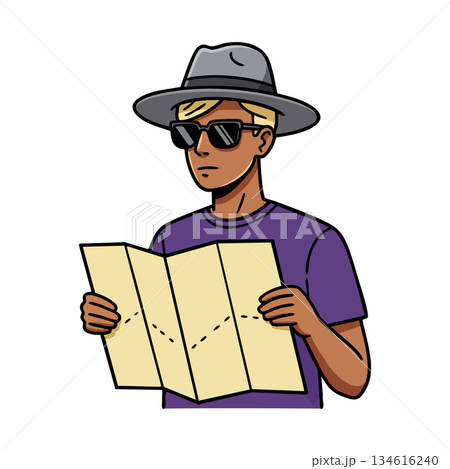 Young man wearing hat and sunglasses reading map outdoor travel adventure vector illustration Young man wearing hat and sunglasses reading map outdoor travel adventure vector illustration 134616240