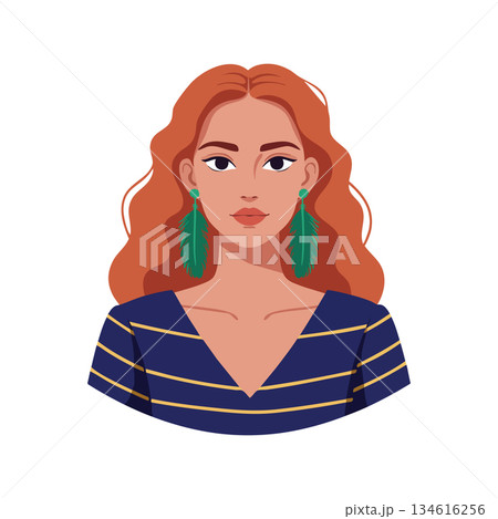 Woman with red hair wearing blue striped top and green feather earrings portrait vector illustration 134616256