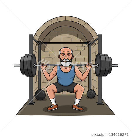 Elderly Man Weightlifting in Gym with Arch Wall Background Strength Training Exercise 134616271