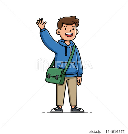 Young man waving hand wearing blue hoodie and green shoulder bag casual style vector illustration Young man waving hand wearing blue hoodie and green shoulder bag casual style vector illustration 134616275