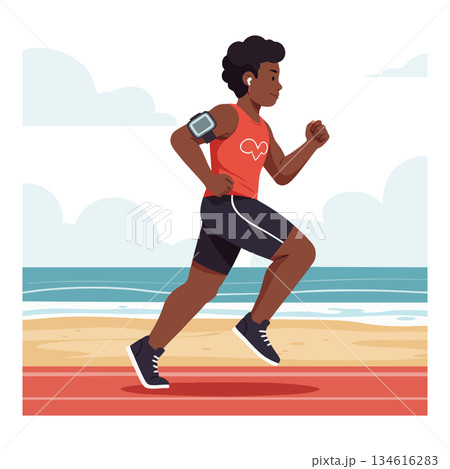 Athlete running on beach track with fitness monitor and heart rate symbol vector illustration Athlete running on beach track with fitness monitor and heart rate symbol vector illustration 134616283