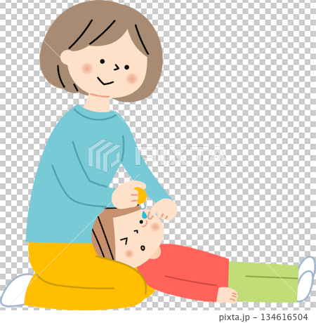Mother giving eye drops to her child Mother giving eye drops to her child 134616504