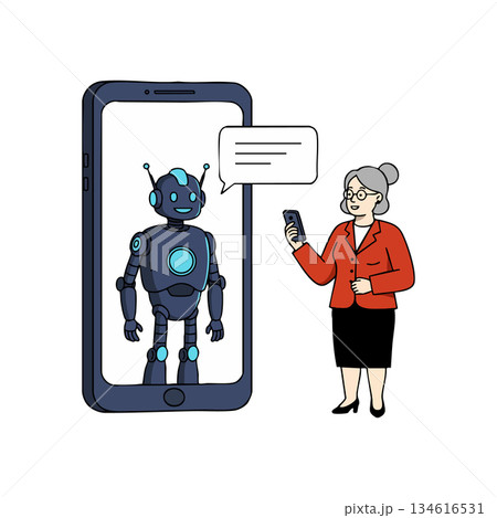 Robot talking to senior woman through smartphone technology communication vector illustration Robot talking to senior woman through smartphone technology communication vector illustration 134616531