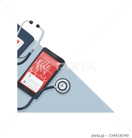 Medical stethoscope and smartphone with heart rate monitor health technology vector illustration Medical stethoscope and smartphone with heart rate monitor health technology vector illustration 134616540