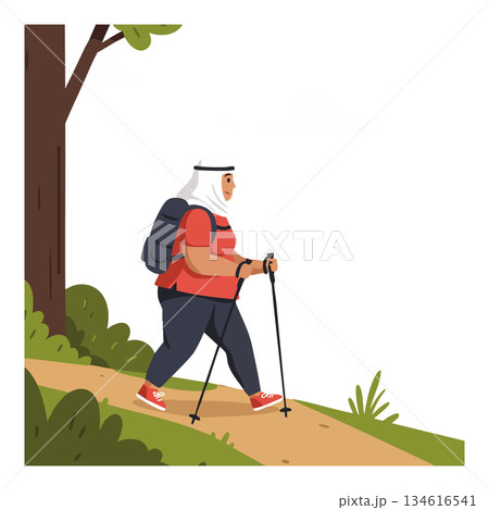 Woman wearing hijab hiking with backpack and trekking poles on nature trail vector illustration Woman wearing hijab hiking with backpack and trekking poles on nature trail vector illustration 134616541