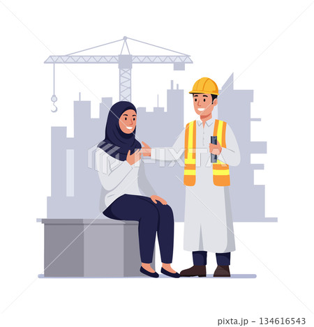 Construction engineer man and woman in hijab discussing building site safety and planning vector illustration Construction engineer man and woman in hijab discussing building site safety and planning vector illustration 134616543