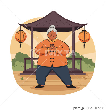 Elderly woman practicing tai chi in traditional pavilion with orange lanterns and autumn colors vector illustration Elderly woman practicing tai chi in traditional pavilion with orange lanterns and autumn colors vector illustration 134616554