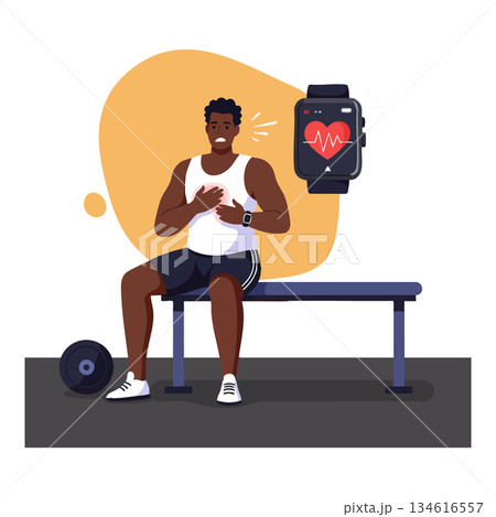 Man Checking Heart Rate Monitor After Workout Sitting on Gym Bench Vector Illustration 134616557