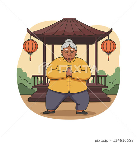 Elderly Asian Woman Practicing Tai Chi in Traditional Pavilion with Lanterns Vector Illustration Elderly Asian Woman Practicing Tai Chi in Traditional Pavilion with Lanterns Vector Illustration 134616558