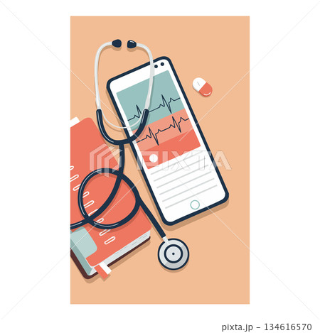 Stethoscope and smartphone with heart rate monitor medical technology vector illustration Stethoscope and smartphone with heart rate monitor medical technology vector illustration 134616570
