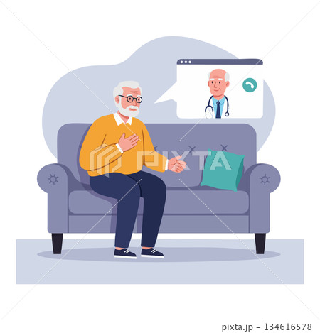 Elderly man having video call consultation with doctor on couch in home setting 134616578