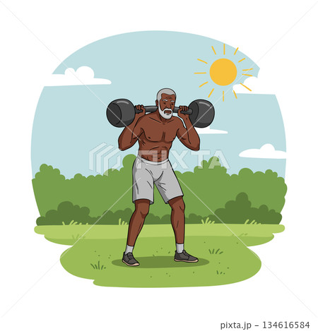 Muscular senior man lifting barbell outdoors in sunny weather fitness exercise Muscular senior man lifting barbell outdoors in sunny weather fitness exercise 134616584