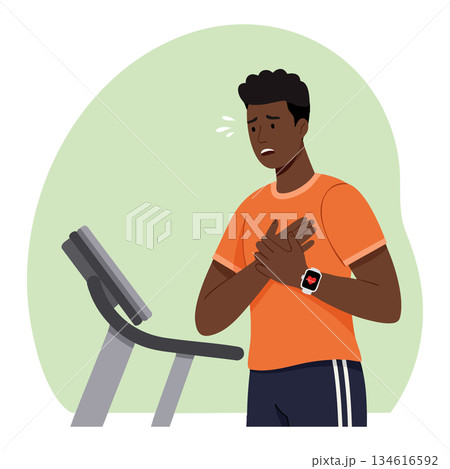 Man Experiencing Chest Pain While Running on Treadmill Health Concern Vector Illustration Man Experiencing Chest Pain While Running on Treadmill Health Concern Vector Illustration 134616592