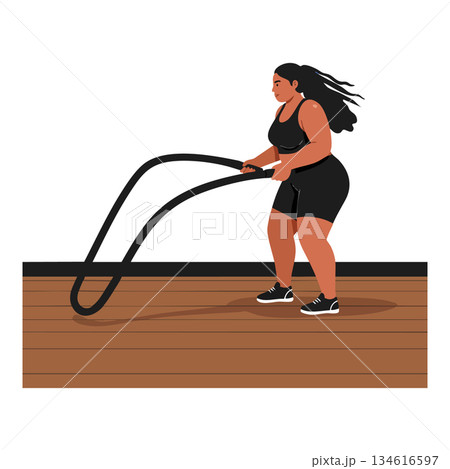 Woman exercising with battle ropes on wooden floor fitness workout vector illustration Woman exercising with battle ropes on wooden floor fitness workout vector illustration 134616597
