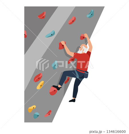 Senior Man Climbing Indoor Rock Wall with Colorful Holds in Sport Activity Senior Man Climbing Indoor Rock Wall with Colorful Holds in Sport Activity 134616600