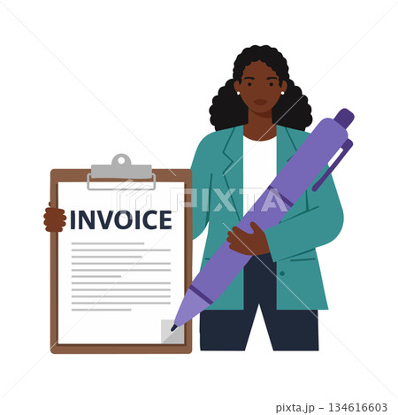 Businesswoman holding invoice clipboard and large purple pen vector illustration Businesswoman holding invoice clipboard and large purple pen vector illustration 134616603