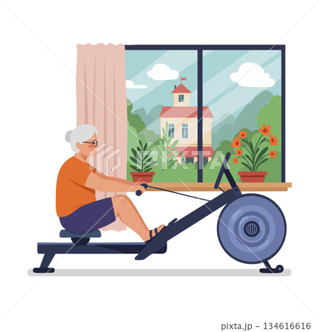 Senior woman exercising on rowing machine indoors with scenic window view vector Senior woman exercising on rowing machine indoors with scenic window view vector 134616616