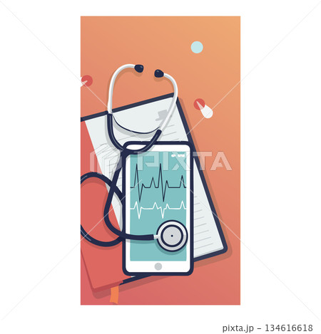 Medical smartphone with stethoscope and health monitoring app on clipboard vector illustration Medical smartphone with stethoscope and health monitoring app on clipboard vector illustration 134616618