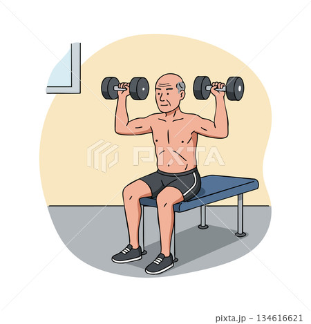 Elderly man lifting dumbbells seated on bench exercising indoors fitness routine 134616621