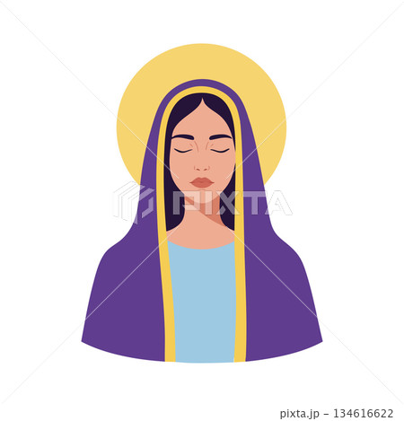 Woman wearing purple veil with golden halo vector illustration in simple style 134616622