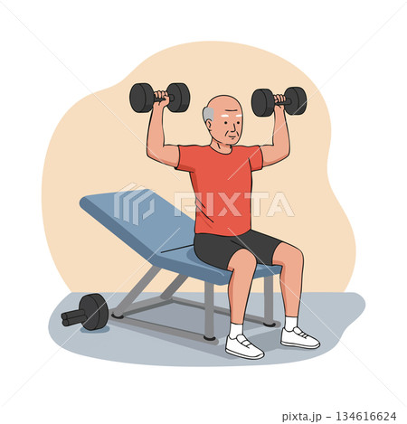 Elderly man lifting dumbbells on workout bench fitness training exercise vector 134616624