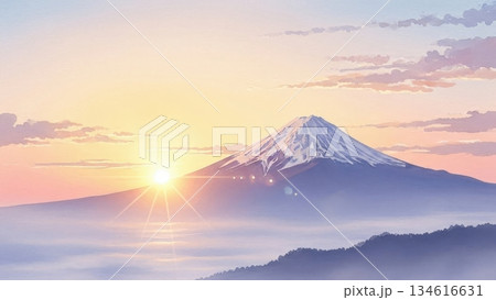 富士山と初日の出を描いた新年の水彩画イラスト 134616631