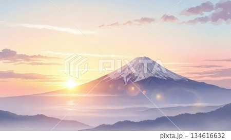 富士山と初日の出を描いた新年の水彩画イラスト 富士山と初日の出を描いた新年の水彩画イラスト 134616632