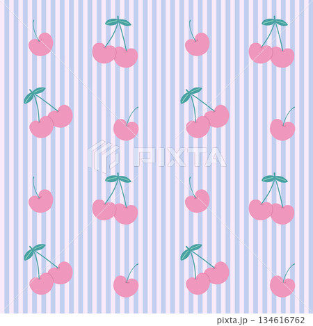 ブルーとピンクのストライプとコロンとしたチェリーのパターン 134616762