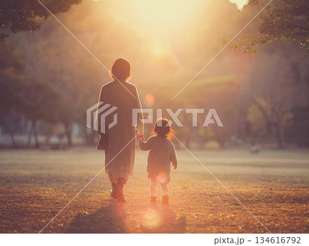 夕暮れの公園で手を繋いで歩く親子の後ろ姿 134616792