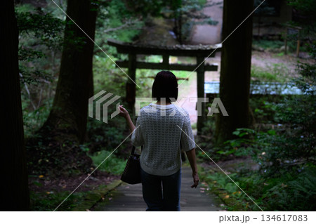 女性が鳥居へ向かう 134617083