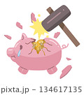 エンマークが書かれたコインが入っている豚の貯金箱が、ハンマーで壊されているイラスト 134617135
