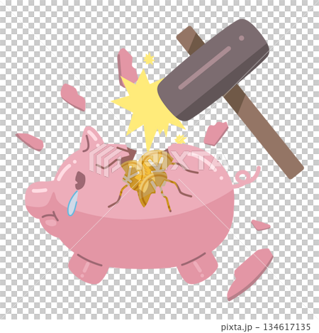 圖：一個裝有帶有“en”標記硬幣的存錢筒被錘子砸碎 134617135