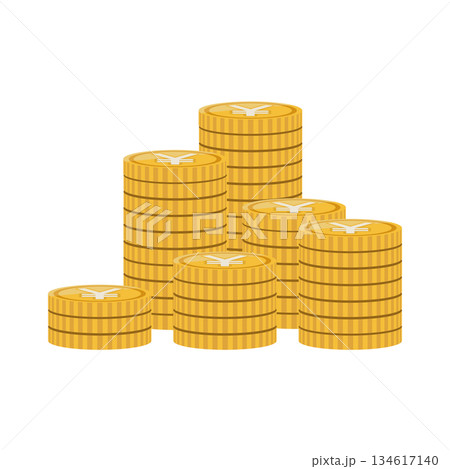 エンマークが書かれたコインが山積みになっているイラスト 134617140