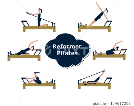 リフォーマーマシンピラティスをしている女性の様々なポーズのイラストセット 134617202