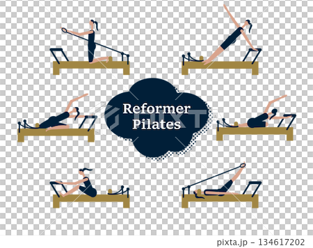 リフォーマーマシンピラティスをしている女性の様々なポーズのイラストセット 134617202