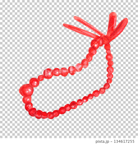 Red beads on a ribbon. Hand-drawn watercolor illustration, cartoon style. Design for cards, invitations, prints on paper or textiles. Holiday, decoration, girl, costume 134617255