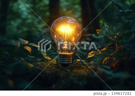 Eco-Friendly Energy Concept with Lightbulb in a green forest background. 134617281