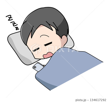 寝ながらスマートフォンを操作し寝落ちした男性のイラスト 寝ながらスマートフォンを操作し寝落ちした男性のイラスト 134617292