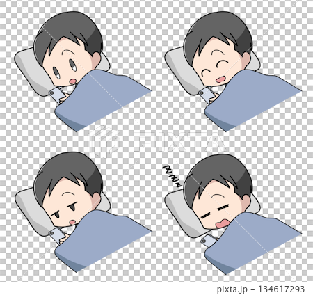 一組四幅插圖,描繪了一個男人在睡夢中操作智慧型手機的場景。 一組四幅插圖,描繪了一個男人在睡夢中操作智慧型手機的場景。 134617293