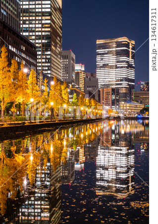 《東京都》お堀に映り込む丸の内の夜景 《東京都》お堀に映り込む丸の内の夜景 134617311