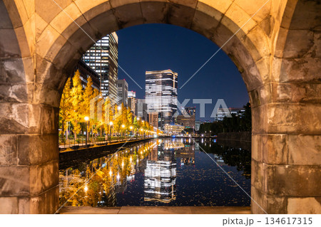 《東京都》お堀に映り込む丸の内の夜景 《東京都》お堀に映り込む丸の内の夜景 134617315