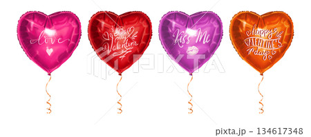 Set of heart foil balloons with sign for Valentines day card. Hand drawn red and pink glossy ballon with highlight. Perfect for holiday and romantic design. Ideal for celebration poster and gift tag. Set of heart foil balloons with sign for Valentines day card. Hand drawn red and pink glossy ballon with highlight. Perfect for holiday and romantic design. Ideal for celebration poster and gift tag. 134617348