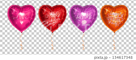 Set of heart foil balloons with sign for Valentines day card. Hand drawn red and pink glossy ballon with highlight. Perfect for holiday and romantic design. Ideal for celebration poster and gift tag. Set of heart foil balloons with sign for Valentines day card. Hand drawn red and pink glossy ballon with highlight. Perfect for holiday and romantic design. Ideal for celebration poster and gift tag. 134617348
