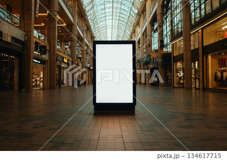 Blank Advertising Screen in Luxury Shopping Mall Surrounded by Empty Storefronts 134617715